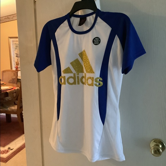 Adidas top stretchy royal blue and white top with gold sparkles . Nice look - Picture 1 of 9